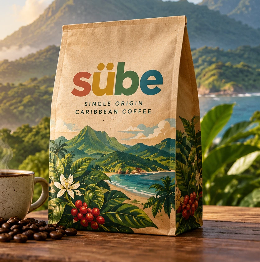 Complete kraft SÜBE coffee bag against a lush Caribbean ocean and mountain landscape
